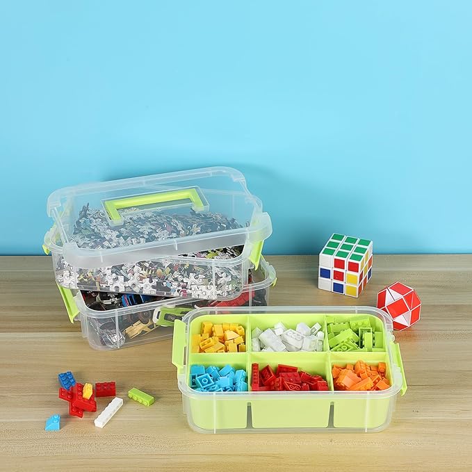 JUXYES 2 Pack 3-Tiers Stack Carry Storage Box With Divided Tray, Transparent Stackable Storage Bin With Handle Lid Latching Storage Container for School & Office Supplies, Green