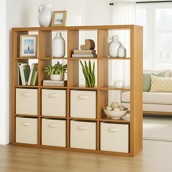PowerKing Collapsible Storage Cubes with Handles, Fabric Foldable Bins for Closet Shelves, Durable Organization Storage Bins, 10.5'' x 11'' x 10.5'', 6 Pack, Cream