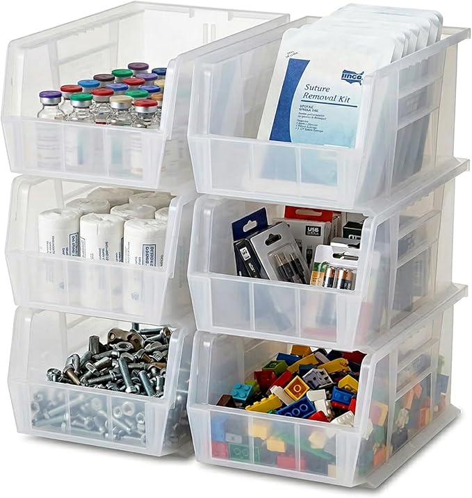 Quantum Storage QUS240 Heavy-Duty Stackable Plastic Storage Bins for Workshop, Warehouse & Garage, Ultra Stack & Hang, 14-3/4" x 8-1/4" x 7", Clear, 12-Pack