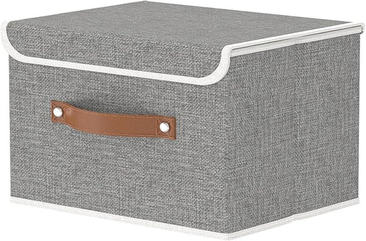 OUTBROS Storage Boxes, Collapsible Storage Bins with Lids, Cotton and linen cloth Storage Baskets with Handle, for Books, Closet, Bedroom, Home, 10.2x7.9x6.7 in, Grey