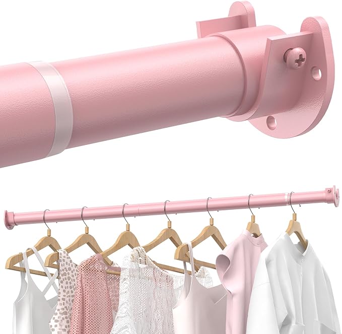 Supforce Closet Rods for Hanging Clothes, 17 to 28 Inches Stepless Adjustable Metal Closet Rod, 1.3 Inches Heavy Duty Clothes Hanging Rod for Closet Wardrobes Laundry RV, Pink
