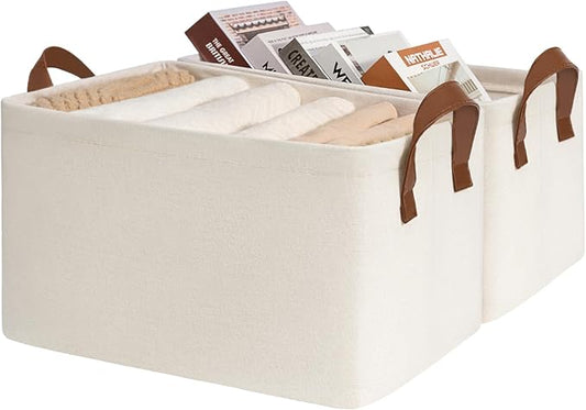 CHICVITA Storage Bins for Shelves, Closet Bins for Organization, Collapsible Storage Baskets for Towels, Rectangle Basket for Bedroom, 14 ¾" L x 10 ¼" W x 8 ¼" H, Beige, 2-Pack