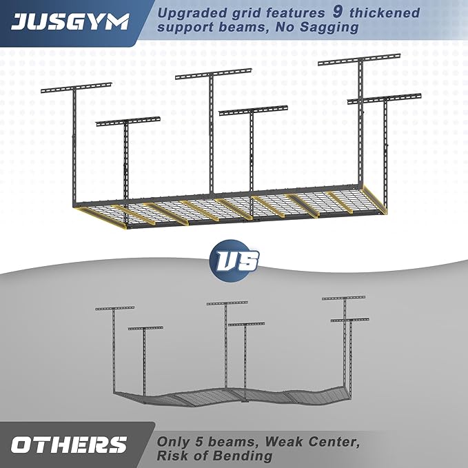Jusgym 3X6FT Overhead Garage Storage Rack, 26"-40" Height Adjustable Garage Ceiling Storage Racks, Heavy Duty Metal Overhead Storage Organizer System, 450LBS Weight Capacity