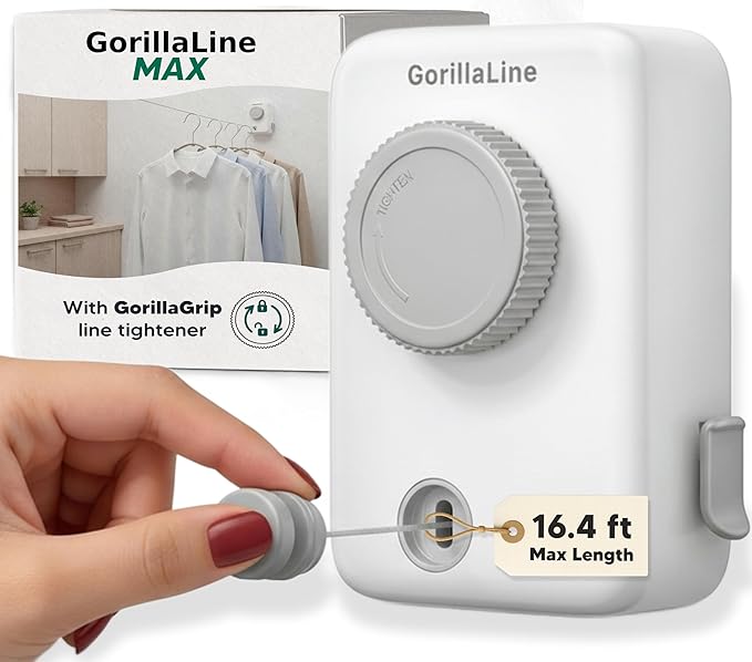GorillaLine Max – Retractable Clothesline Indoor Outdoor, Non-Sagging Heavy Duty Clothes Drying Line, Wall Mounted Drying Rack, Air Dry Clothing, Max Tighten with GorillaGrip