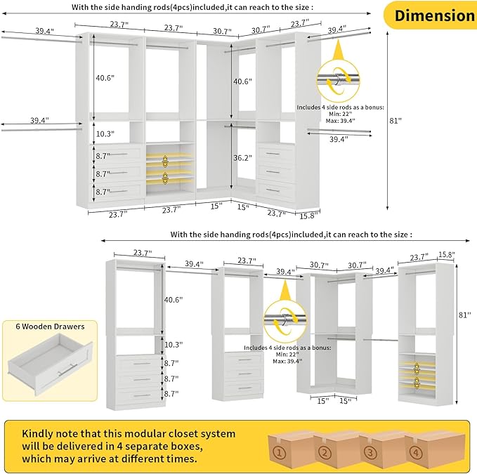 Closet System with 6 Drawers, Corner Closet Organizer System with 9 Rods & Shelves Walk in Wooden Modular Closet Storage System L-Shaped U -Shaped Freestanding 4 Sets, 2500+ Lbs Capacity White
