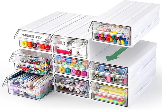 9 Pcs Stacking Office Drawer Organizers - Desktop & Wall Mounted 9 Drawer Storage Closet with 18pcs Clear Dividers Multifunctional Organizer Rack with 9pcs Tag Card for Home Small Items