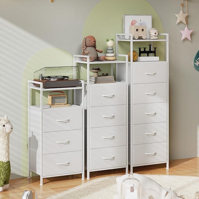 Somdot Nightstand with 3 Drawers, Dresser with Fabric Bins for Bedroom, Hallway, Entryway, Night Stand Bedside Table Furniture, Sturdy Steel Frame, Wooden Top, Easy Pull Fabric Bins, White Leather