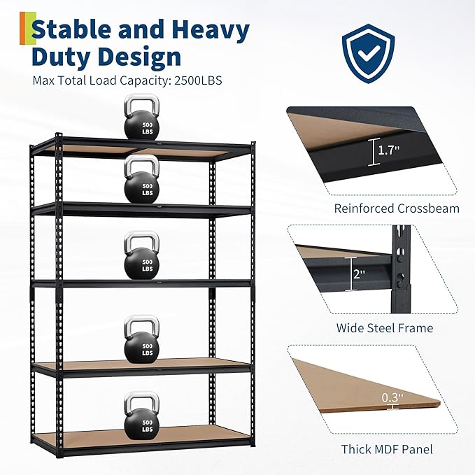 Heavy Duty Garage Storage Shelves 5-Tier Metal Adjustable Shelving Unit Storage Shelving for Kitchen Pantry Basement Bathroom Laundry, 2500 LBS Capacity, 48" l x 18" w x 72" h