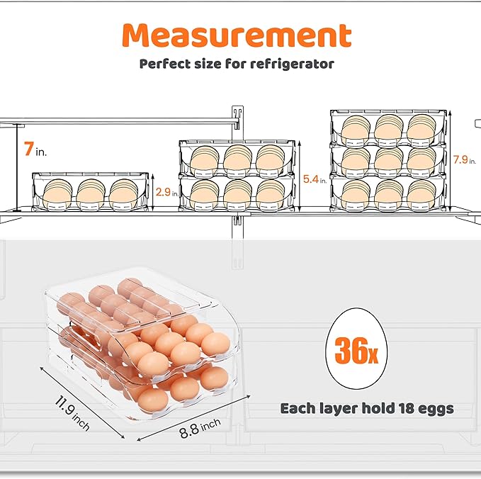 SMRCAD Egg Holder for Fridge, Automatic Steady Rolling Egg Dispenser with Silicone Bumpers & Handle for Refrigerator, Large Capacity Egg Organizer with Lid
