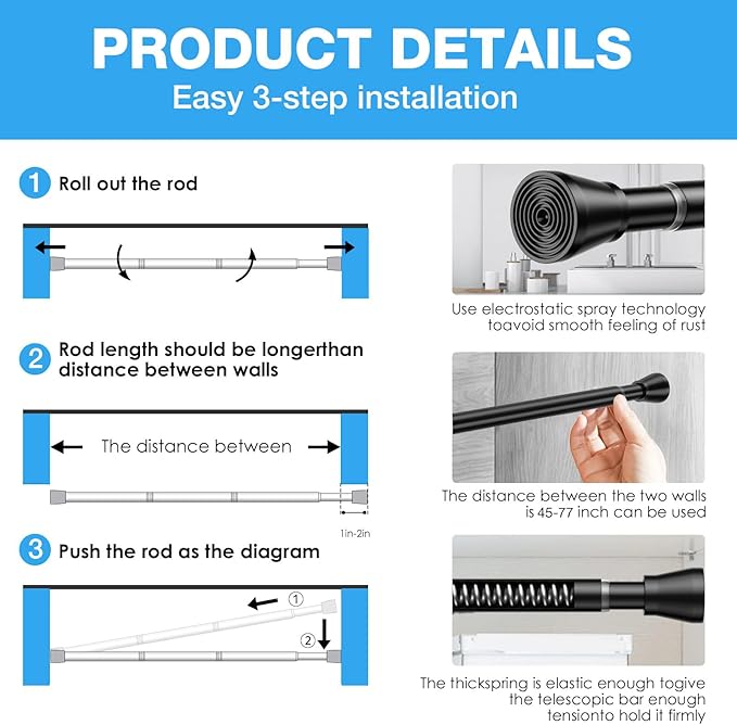 1 Pack Spring Tension Rods 45-77IN, 7/8 Inch Diameter Black No Drill Spring Loaded Adjustable Extendable, Small Short Tension Curtain Rod for Windows Kitchen Doorway Closet Cupboard