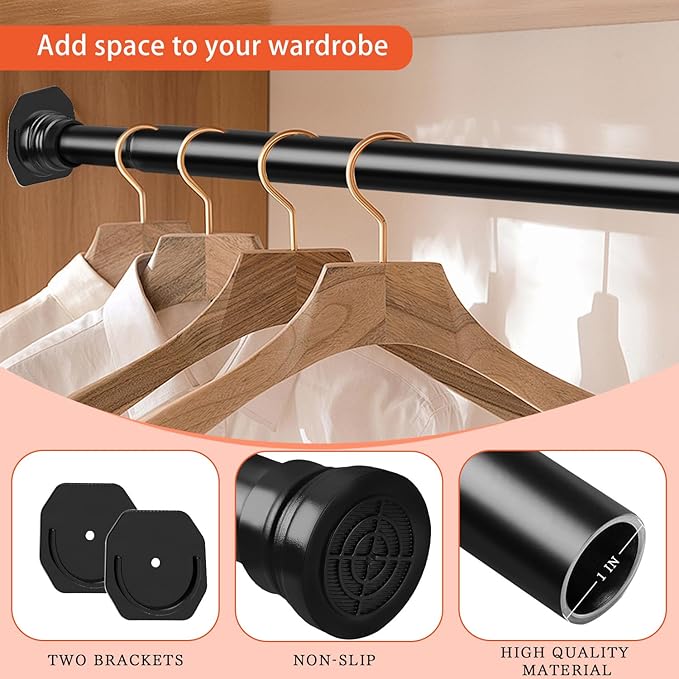 Closet Rods for Hanging Clothes, Matte Black Closet Rod 30-76 Inch Adjustable Clothes Hanging Bar Shower Curtain Rods for Closet, Wardrobes, Bathroom, Windows, with No Drilling Holder