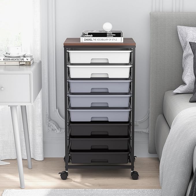 SYKIARIOL Rolling Cart with Drawers,Utility Cart With 8 Drawers and Wooden Tabletop for Living Room,Classroom,Bedroom,Bathroom,Dorm,Office,Dark Grey