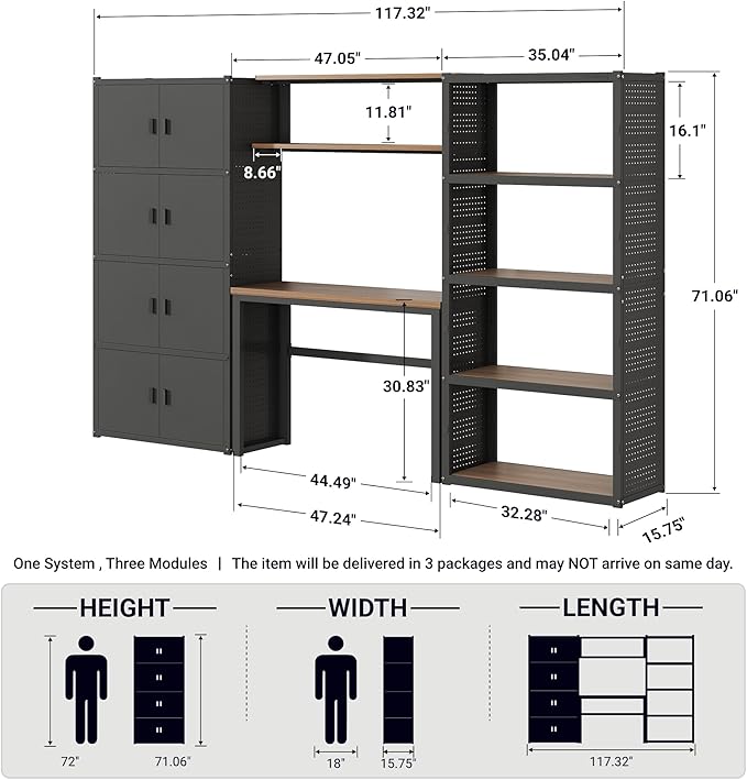 FLEXIMOUNTS Garage Storage Cabinet System, 3-in-1 Modular Metal Tool Cabinet w/Workbench and Particle Board Shelf Includes Pegboard, 24-Gauge Steel, 117"(L) w/ 4 Doors, Black, FLEXIMOD Series