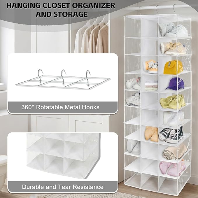 coastal rose Hanging Shoe Closet Organizer, 30 Sections Hanging Closet Organizers and Storage Shelves with 6 Mesh Pockets, Space Saving Shoe Rack Holder Hanger, White