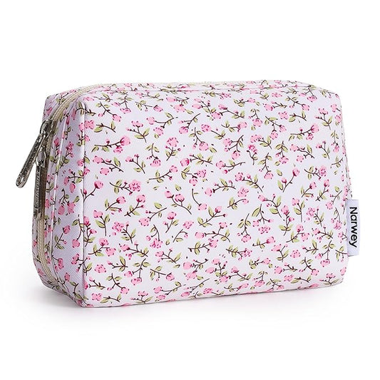 Narwey Small Cute Floral Makeup Bag for Purse Mini Cosmetic Bag Travel Makeup Pouch Zipper Pouch Cute Make up Bags with Compartments for Women Girls (Pink Flower, Small)