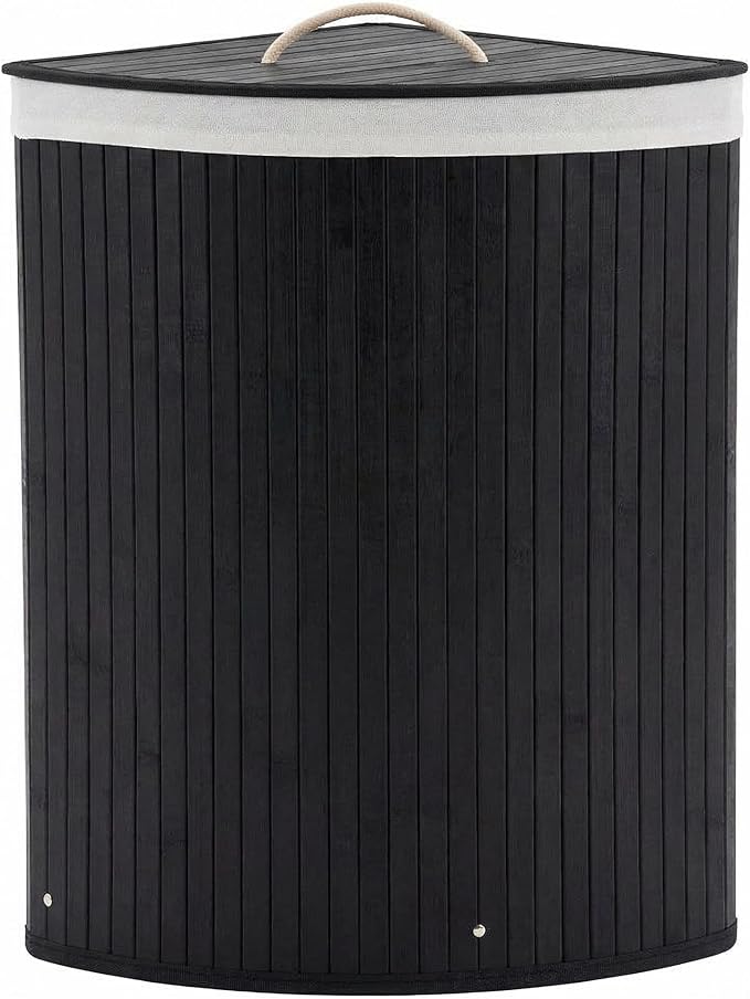 GarveeHome Folding Bamboo Laundry Hamper with Lid, 27.5 Gallon Wooden Laundry Basket with Washable Liner Bag, Slim Clothes Storage Hamper for Small Bedrooms Apartments Dorms (Black - Triangle)
