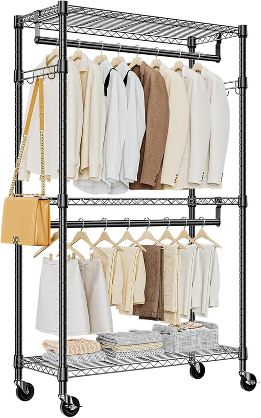 M MZG Heavy Duty Rolling Garment Rack 3 Tiers Adjustable Wire Shelving Clothes Rack with 2 Rods and Side Hooks,Storage Closet Clothing Rack with Wheels Black 15.7" D x 29.5" W x 74.5" H