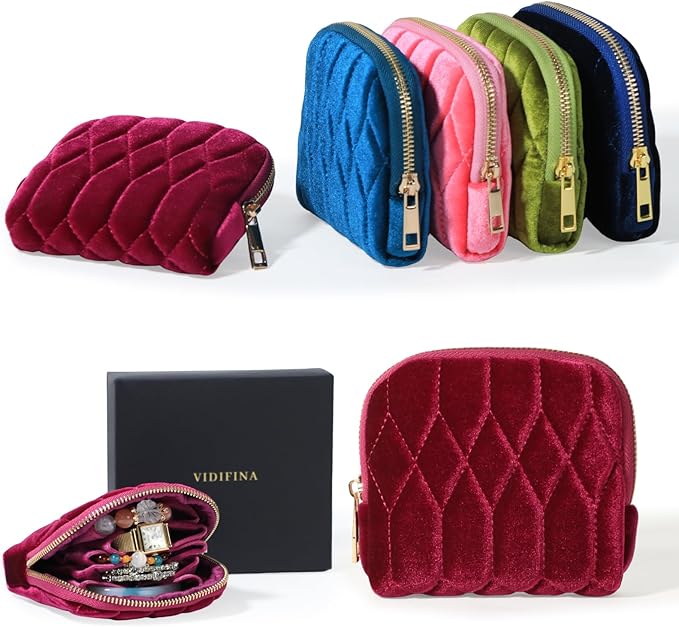 Small Travel Jewelry Case, Mini Travel Jewelry Bag with Zipper, 5-Layer Velvet Organizer Pouch for Bracelet Rings Earrings - Diamond Stitched Velvet Rose Purple