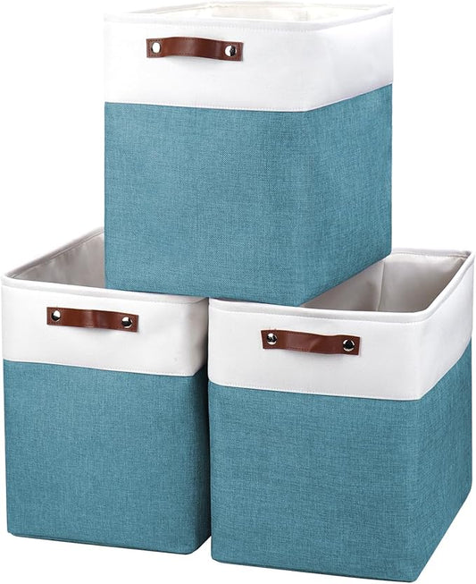 Bagnizer Large Fabric Storage Baskets | 50L Storage Bins, Decorative Linen Closet Baskets with Handles for Organizing, Shelf, Toys, Clothes, Home, Office, Nursery, 17x12x15Inches (Teal&White)
