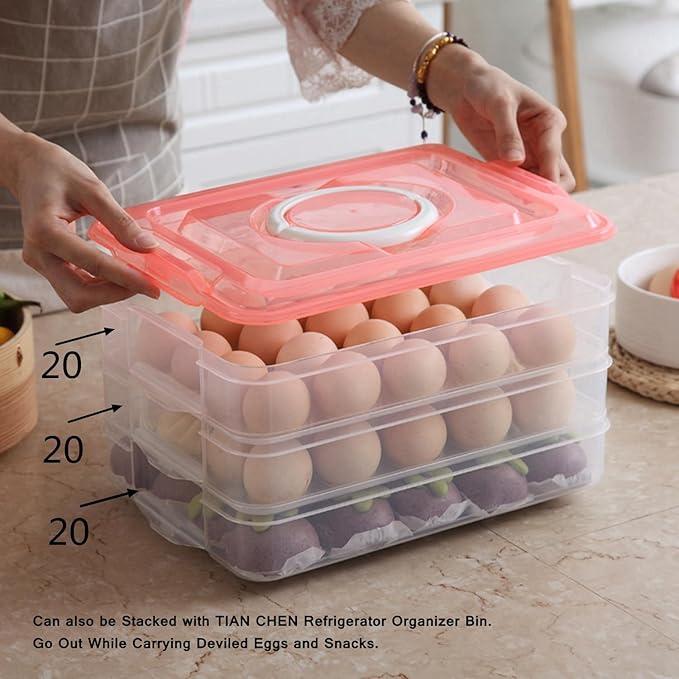 Egg Storage Container for Refrigerator, 3-Layer Deviled Egg Tray, Stackable Fridge Egg Organizer with Lid and Handle, Extra Large Holder, 60 Count Eggs Keeper(blue 3 layer)