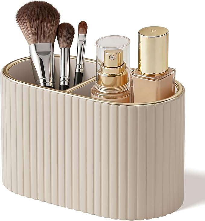 KINGFOM Makeup Brush Holder Organizer with Divider, PU Leather Vanity Brush Holder for Bathroom Countertop & Dressing Table, Cosmetic Desktop Storage Caddy for Makeup Tools Oval (Mocha Beige)