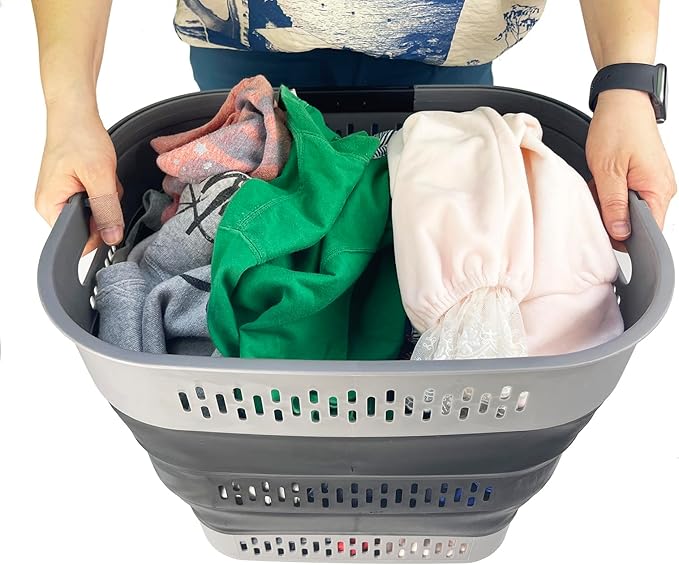 SAMMART 38L (10 Gallon) Collapsible Plastic Laundry Basket - Portable Pop-Up Storage Container/Organizer – Foldable Space Saving Laundry Hamper (2, Grey/Black)