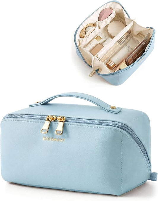 BAGSMART Makeup Bag Travel Cosmetic Bag, Large Make Up Bag Flat Open Toiletry Bag for Women, PU Leather Travel Essentials Organizer Case, Wide-open Pouch Purse for Skincare, Brushes, Sky Blue