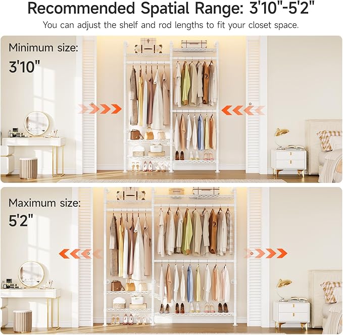 ONBRILL H2 Plus Expandable Wall Mounted Closet System, 3.8FT-5.1FT Closet Organizer with Telescopic Shelves & Adjustable Rods, Industrial Pipe Clothing Rack for Walk-in & Reach-in Closet (White)