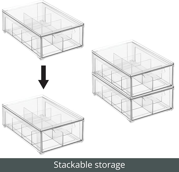 mDesign Plastic Kitchen and Pantry Organizer with Divided Drawer - Stackable Bin with 8 Sections for Tea and Snack Food - Perfect for Organizing Cabinet, Fridge - Lumiere Collection - 2 Pack - Clear