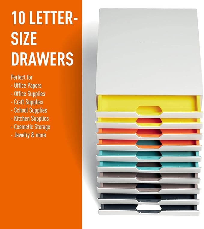Durable VARICOLOR 10 Drawer Unit - White Desktop Drawer Set with 10 Color Coded Draws - Letter Size Files - Perfect for Storing Documents and Paper Work