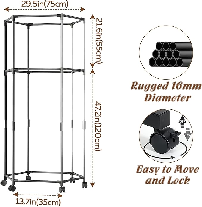 Clothes Rack with Wheels, Hexagonal Rolling Clothing Rack for Hanging Clothes, Clothes Drying Rack, Garment Storage for Bedroom, Laundry, Balcony (68" H)