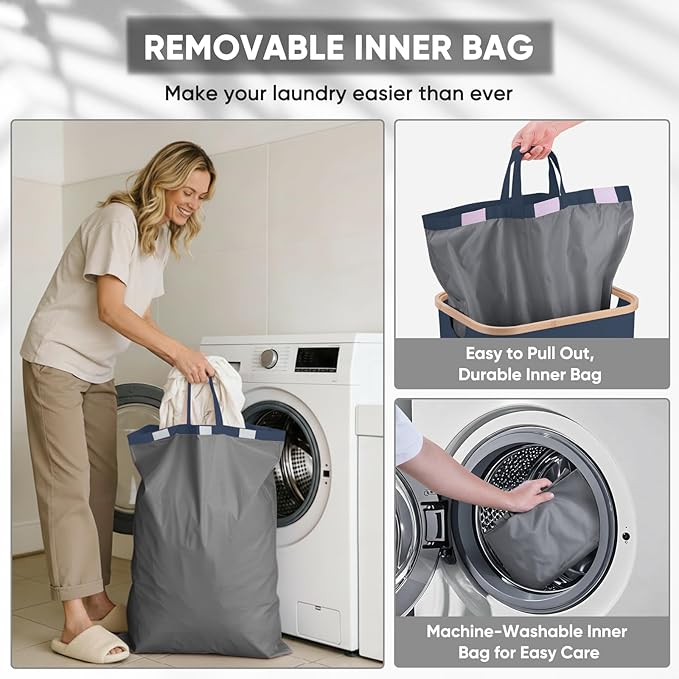 BALEINE Laundry Hamper with Lid, Tall Laundry Baskets with Bamboo Pull Handles, Large Laundry Bin with Internal Support (18 Gal/70L, Blue)
