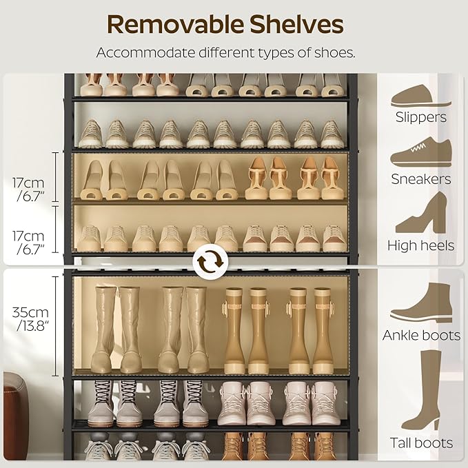 YATINEY 10-Tier Shoe Rack, 39.4" L Shoe Shelf for 45-50 Pairs of Shoes, Tall Shoe Storage Organizer with Metal Frame, Large Capacity Shoes Rack for Entryway, Closet, Rustic Brown and Black SS39BR