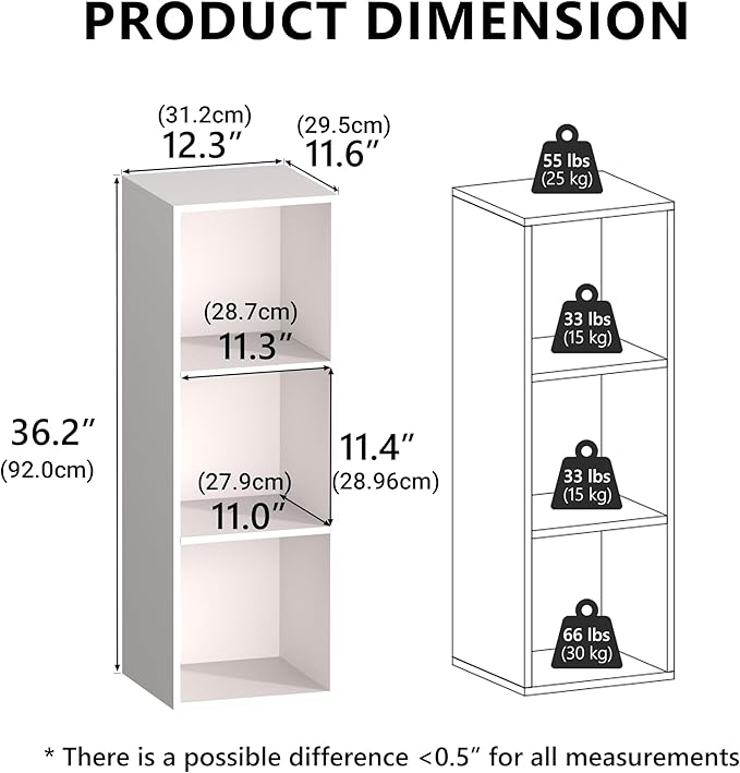 3 Cube Storage Organizer White, 3 Cube Shelf Freestanding Open Cubby, 3 Tier Low Bookcase Storage Display Organizer for Home Office Living Room Bedroom