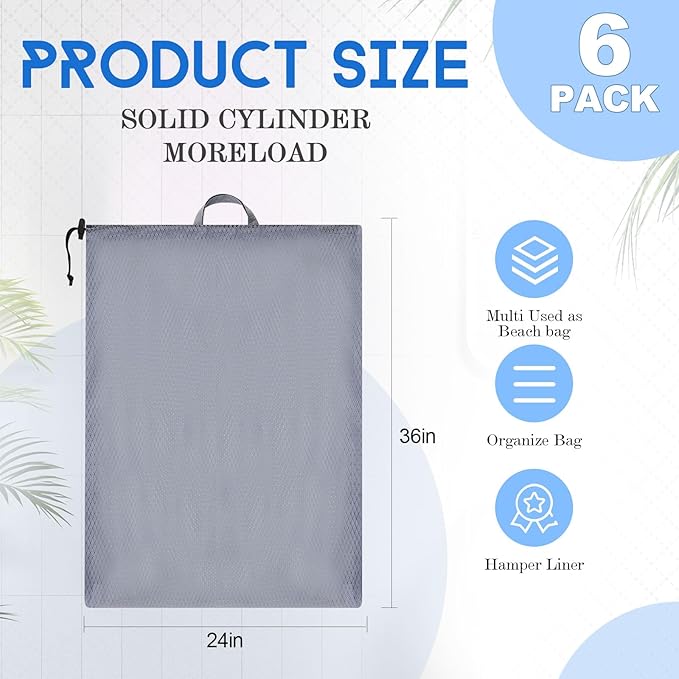 6 Pack 24 x 36 Inches Blue Soft Mesh Laundry Bag with Handles Machine Washable Secure Drawstring Closure Large Sturdy Mesh Net Laundry for College Travel Dorm Laundromat