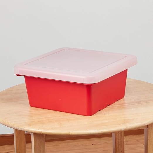 ECR4Kids Stackable Square Bins with Non-Snap Lids, Multipurpose Organization, Red, 4-Pack
