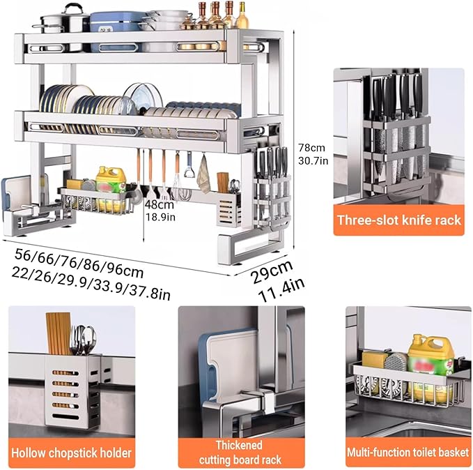 Over The Sink Dish Drying Rack 2 Tier 304 Stainless Steel Multiple Kitchen Dishware Storage Counter Organization Space-Saving with Suction Cup for Plates Bowl(66cm/26in)