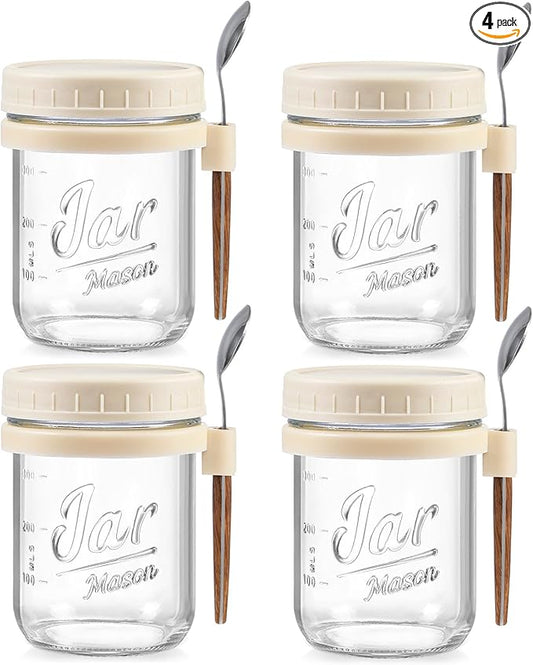 LANDNEOO 4 Pack Overnight Oats Containers with Lids and Spoons, 16 oz Glass Mason Jars with Airtight Lids, Overnight Oats Jars for Milk, Cereal, Fruit-Beige