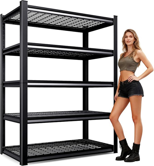 71" H Garage Shelving 5-Tier Heavy Duty Storage Shelves, Tool-Free Adjustable Metal Shelf Unit, Utility Organizer Rack for Basement, Pantry, Kitchen, Warehouse, 15.7" Dx35.4 Wx71 H, Black
