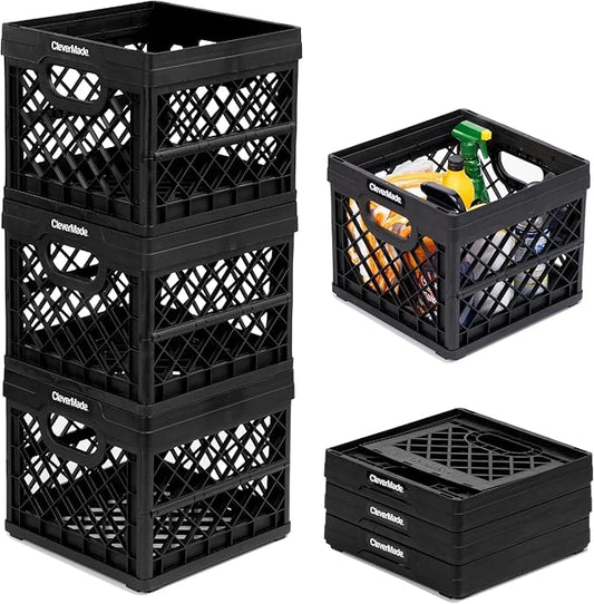 CleverMade Collapsible Milk Crate 25L (6.6 Gal) 3 Pack, 50 lb Capacity Heavy Duty Folding Crate – Stackable Storage Crates with File Rails, Plastic Collapsible Crates - Obsidian