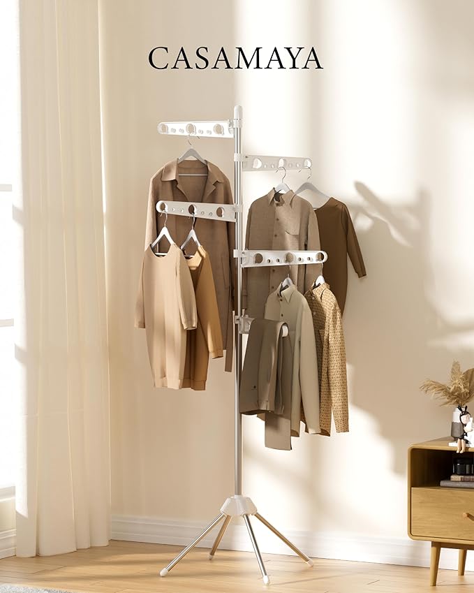 CASAMAYA Clothes Drying Rack Foldable, 70.9 inch Tripod Drying Rack for 35 Pieces of Clothes, with Height-Adjustable Rotatable Clothes Rails, Space Saving, Stainless Steel, White and Silver CDR005W01
