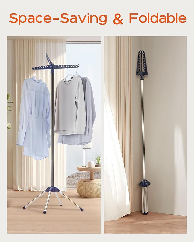 CASAMAYA Clothes Drying Rack Foldable, 59 inch Tripod Laundry Drying Rack Indoor with Rotating Clothes Rail for 27 Pieces of Clothes, Space Saving, Blue and Silver CDR001Q01