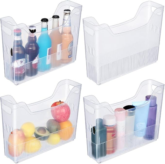 Beeveer 4 Pcs Plastic Freezer Organizer Bins with Wheel Tall Narrow Kitchen Pantry Organizer Snack Storage Containers for Office Refrigerator(10 x 13.3 x 3.5 Inch)