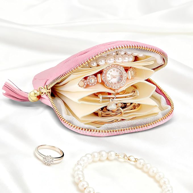 Travel Jewelry Case Small Soft Velvet Organizer Pouch Storage Bag Mini Jewelry Bag for Gemstones Bracelets Healing Crystal Earring Necklaces Pink