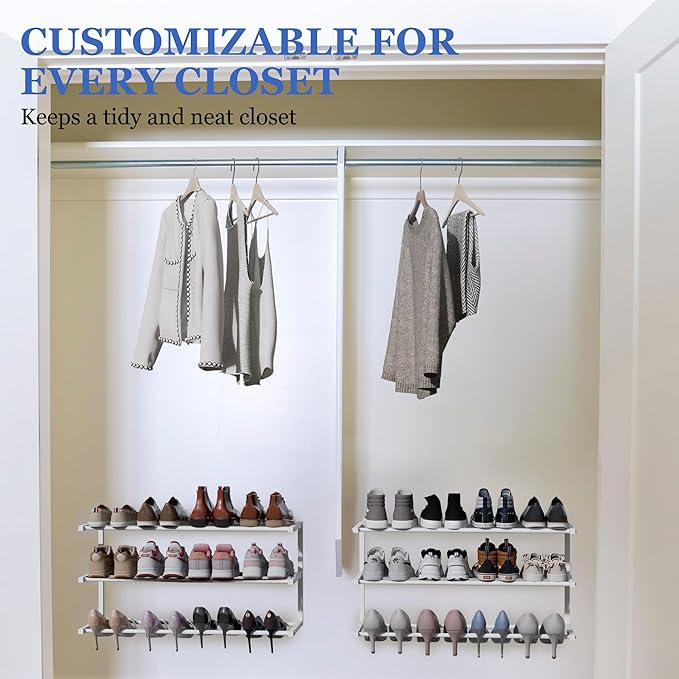Wall Mounted Shoe Rack, 3 Tier Hanging Shoe Rack Holds 12 Pairs, 17"-30" Adjustable Heavy Duty Metal Shoe Organizer Holder with 2 Storage Hooks, Space Saving for Closet Entryway Doorway（White