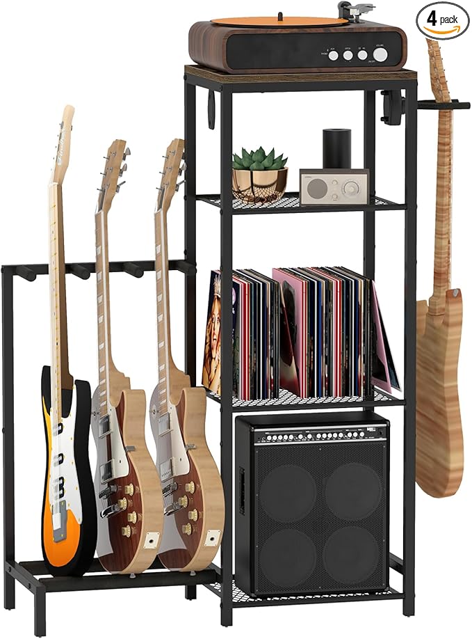 Multi Guitar Stand Rack, Guitar Stand with 4 Holder Position for Acoustic, Electric Guitar, Bass, Guitar Rack for Multiple Guitars with 4 Tier Storage Shelves for Guitar Amp Accessories