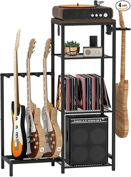 Multi Guitar Stand Rack, Guitar Stand with 4 Holder Position for Acoustic, Electric Guitar, Bass, Guitar Rack for Multiple Guitars with 4 Tier Storage Shelves for Guitar Amp Accessories