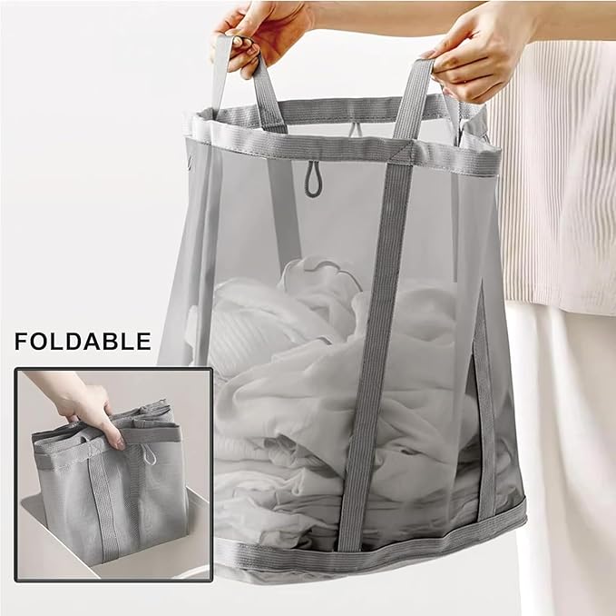 Mesh Bag with Handles, Collapsible Laundry Basket, Foldable Laundry Bag, Breathable Folding Beach Bag,Space-saving Travel Tote Bags (1, Blue)