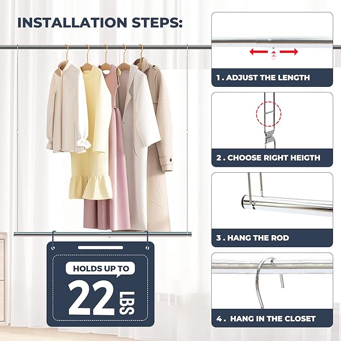 STO STO 1 Pack Closet Hanging Rod, Length and Height Adjustable Closet Rod, Space Saving Metal Closet Extender Hanging Bar for Hanging Clothes, Closet, Chrome