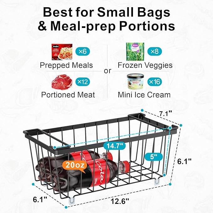 iSPECLE Freezer Organizer Bins - Fits 7 Cu.Ft Chest Freezer, 4 Pack Stackable Wire Baskets(14.7" Length), Heavy Duty Coated Deep Freezer Organizer, Rust Resistant for Frozen Food Sorting, Black